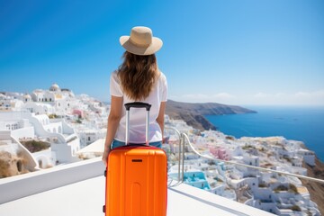Fototapeta na wymiar Young woman traveler with orange suitcase in Santorini island, Greece, Happy moment with a young woman rear view tourist with orange luggage in Santorini island, Greece, AI Generated