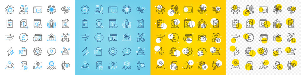 Vector icons set of Pound money, Cogwheel and Search line icons pack for web with Windy weather, Swipe up, Calendar outline icon. Medicine, Pyramid chart, Seo message pictogram. Service. Vector