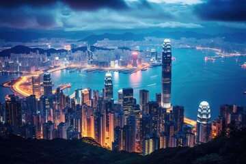 Hong Kong skyline at night, Hong Kong city view from The Peak at twilight, AI Generated - obrazy, fototapety, plakaty