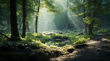 Fototapeta premium Image of a serene green forest tranquil, Generative ai.