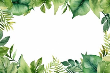 Watercolor tropical leaves frame on white background. Hand painted illustration, Hand-painted watercolor frame with tropical green leaves and branches, AI Generated - obrazy, fototapety, plakaty