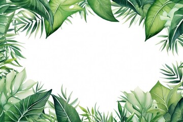 Obrazy na Plexi  Tropical leaves frame on white background. Watercolor illustration, Hand-painted watercolor frame with tropical green leaves and branches, AI Generated