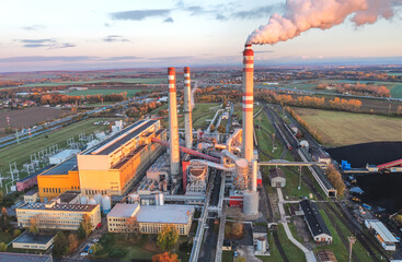 Aerial view of coal power plant in the morning which produces electricity and heating for east bohemia households