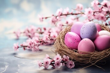 Fototapeta na wymiar Easter eggs in nest with blooming branches on light blue background, Happy Easter, Congratulatory Easter background, Easter eggs and flowers, AI Generated