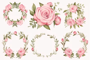 Poster Set of watercolor hand painted floral wreaths. Vector illustration, Hand-painted wreaths and floral frames with watercolor flowers, especially pink roses, AI Generated © Ifti Digital