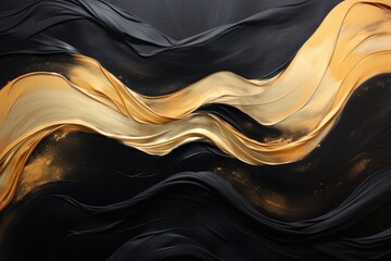 Black and gold abstract wavy liquid background. 3d render illustration, Horizontal black and gold oil painting with a wavy abstract pattern, AI Generated - obrazy, fototapety, plakaty