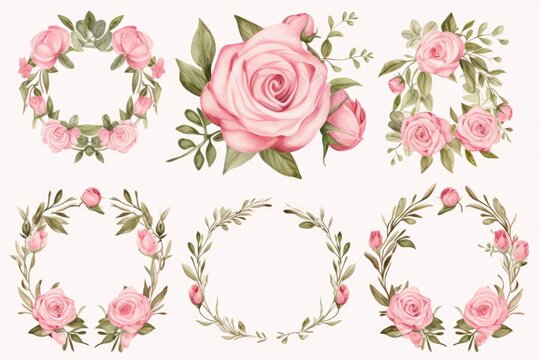 Set of watercolor hand painted floral wreaths. Vector illustration, Hand-painted wreaths and floral frames with watercolor flowers, especially pink roses, AI Generated