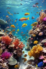 Naklejka na ściany i meble School of colorful fish swimming among coral reefs in beautiful sea