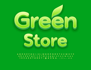 Vector eco concept Green Store with 3D Font. Creative Alphabet Letters with Shadow