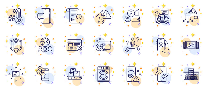Outline set of Best app, Smartphone protection and User call line icons for web app. Include Cyber attack, Business choice, Image carousel pictogram icons. Delivery, Company. Vector