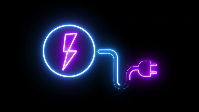 Glowing Neon Light Electric Vehicle  Charger Icon Design Modern smart car  charger station with a plug in cable Motion Animation Eco Clean and Green Energy Concept Electric vehicle charging plug in.