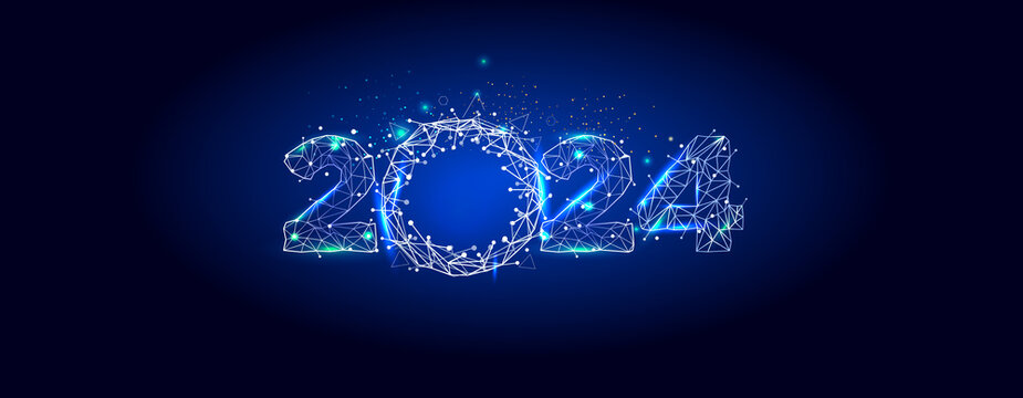 Modern, futuristic, technology, digital, web, online, Low poly polygonal connect wireframe and 2024 number illustration on blue background.