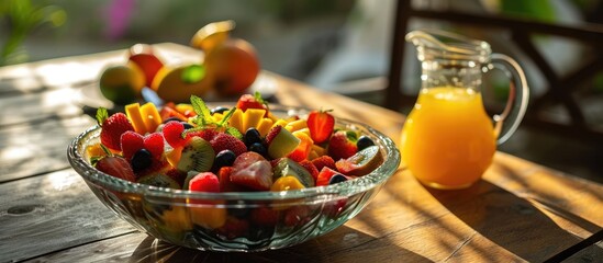 Fruit salad bowl and juice jug. - obrazy, fototapety, plakaty