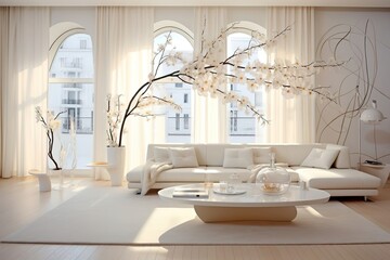 White interior of a living room with spring flowers