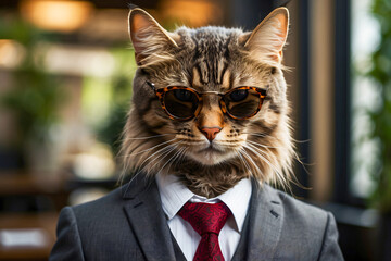 portrait of a cool cat with sunglasses and a suit