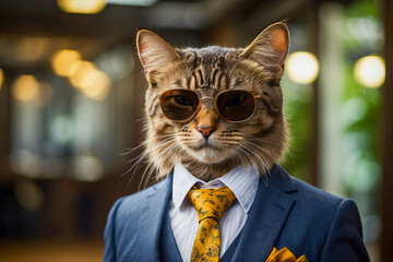 portrait of a cat wearing suit and sunglasses
