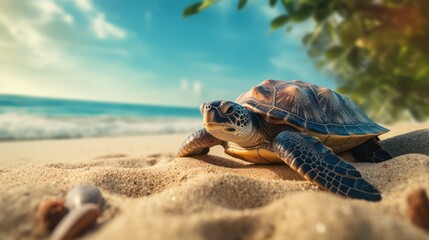 A turtle on the beach is crawling towards the sea, High and short depth of field, Comicbook, 8K, high detail