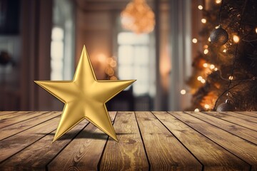 Christmas star decoration on desk on room background