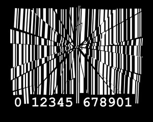 Broken or shattered white bar code with EAN code on black background. Abstract barcode and...