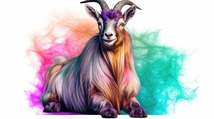 Goat pose for a photo on a white background, in the style of mixed patterns, spot metering, zbrush, staining, aerial view, mottled, colorized