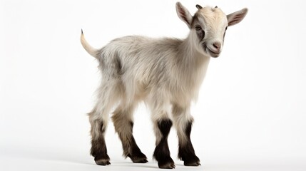On a pristine white background, a young goat kid stands confidently. Its fur, a soft blend of white and patches of grey, looks invitingly tactile. 