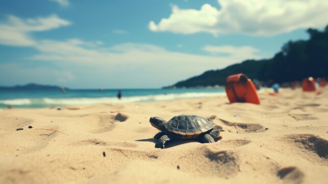 A little turtle lying lazily on the beach, use filter photography, stick figure, 32K, hyper quality