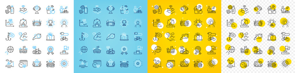 Vector icons set of Eco bike, Electric bike and Yoga line icons pack for web with Cardio training, Boat fishing, Timer outline icon. Sports arena, Strong arm, Winner flag pictogram. Vector
