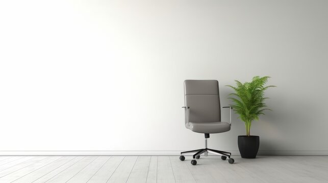 A photo realistic and minimalistic image of an modern office chair in a minimalistic light modern office room without windows