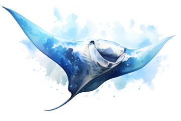 Watercolor illustration of giant manta ray on white background - obrazy, fototapety, plakaty