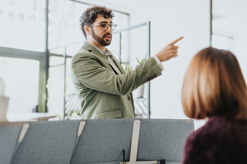 Seeking clarity, the businessman inquires with the receptionist, confirming the correct path to his...