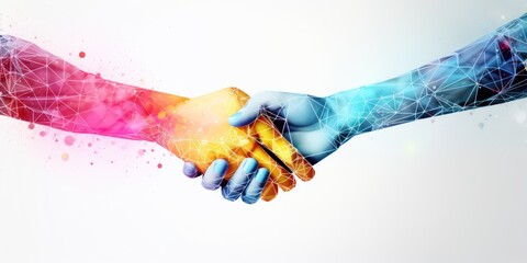 Human and robot shaking hands. Close up on the hands. Light Background with an abstract pattern...
