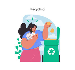 Recycling initiative concept. Demonstrates responsible disposal and material reuse. Promoting environmental stewardship. Flat vector illustration.