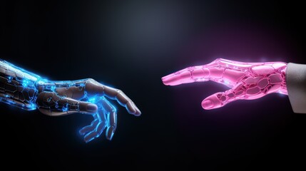 Artificial intelligence technology concept, a robot hand and a human hand with glowing ai chipset symbol hologram, blue and pink colors