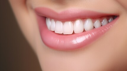 Closeup persons mouth smiling woman white teeth toothbrush banner healthy skin bite lip left align see aquiline nose high details face implants dog profile, hyper realistic, photo realistic - obrazy, fototapety, plakaty