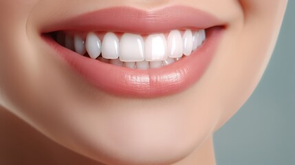 Closeup persons mouth smiling woman white teeth toothbrush banner healthy skin bite lip left align see aquiline nose high details face implants dog profile, hyper realistic, photo realistic,  - obrazy, fototapety, plakaty