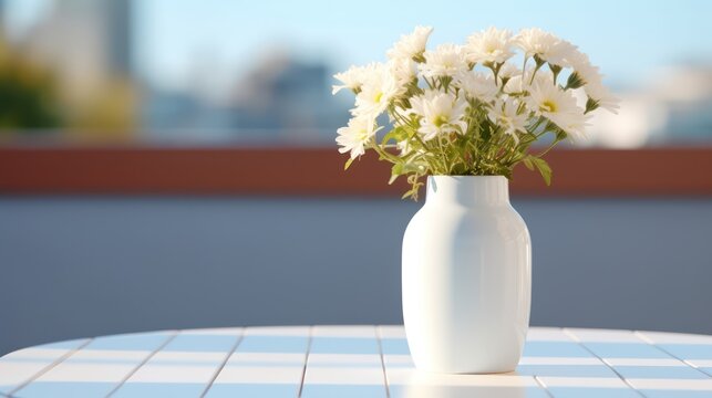 Close-up of a white small table on the balcony with only a small white ceramic vase with flowers on it, the right side is left empty. The photo is real and taken in 8K with a clear background. 