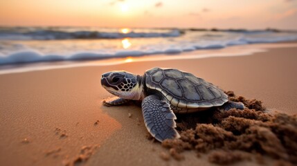 Create a captivating photograph of a baby sea turtle making its way from the nest to the ocean, depicting the challenging journey and the determination associated with hatching