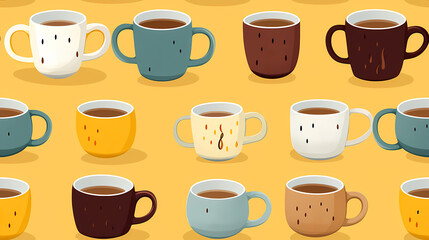 Cafe interior with dishes and food, illustration wallpaper abstract seamless pattern background. Colorful minimalism style. Cover wallpaper.