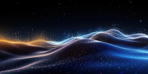 Data technology futuristic illustration with a wave of brightparticles, presenting a technological 3D landscape and bigdata visualization, The network of dots connected 