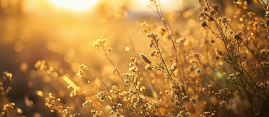 Morning sunlight and sunrise illuminating soft grass flowers with a golden background.