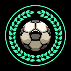 Soccer ball and laurel wreath, football logo. Sport games. Sporting equipment. Emblem, badge.