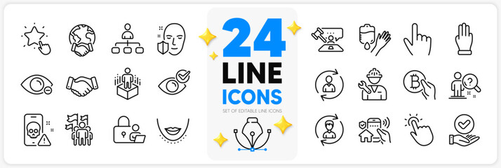 Icons set of Chin, Touchpoint and Search employee line icons pack for app with Myopia, Check eye, Bitcoin pay thin outline icon. Cursor, Augmented reality, Repairman pictogram. Vector