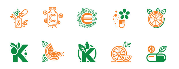 Obraz premium Embracing Nutritional Excellence: A Varied Set of Striking Vector Icons Showcasing Vitamins C, K, E, and D for Comprehensive Health and Immune Support
