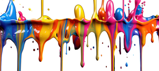 Colorful rainbow color acrylic paint flowing down over white background, dripping colorful liquid on transparent background.