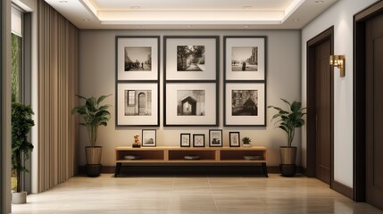 Hallway entrance of a home, there is a counter table to place keys, wall art frame on the wall, no distraction to the frame, it is the center of attraction, front facing image