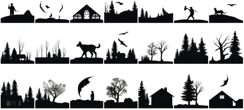 Collection set of icons black silhouette of campfire wildlife, isolated on transparent background.