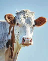 Fotobehang Detailed close-up portrait of a cow with a white and brown coat against a blue sky, showcasing farm animals © Glittering Humanity