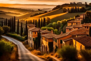 Tuscan road near Siena at sunset, a quaint village on a hillside, the warm hues of the setting sun illuminating the terracotta rooftops, olive groves in the background - obrazy, fototapety, plakaty
