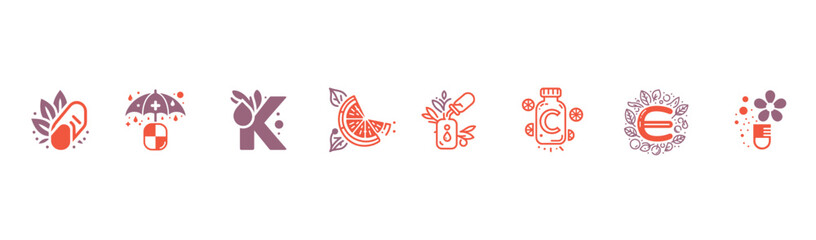 Unlocking the Power of Essential Nutrients: A Diverse Array of Striking Vector Icons Representing Vitamins C, K, E, and D for Holistic Health and Immune Well-Being
