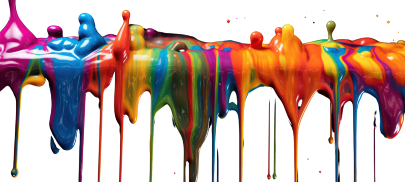 Colorful rainbow color acrylic paint flowing down over white background, dripping colorful liquid on transparent background.